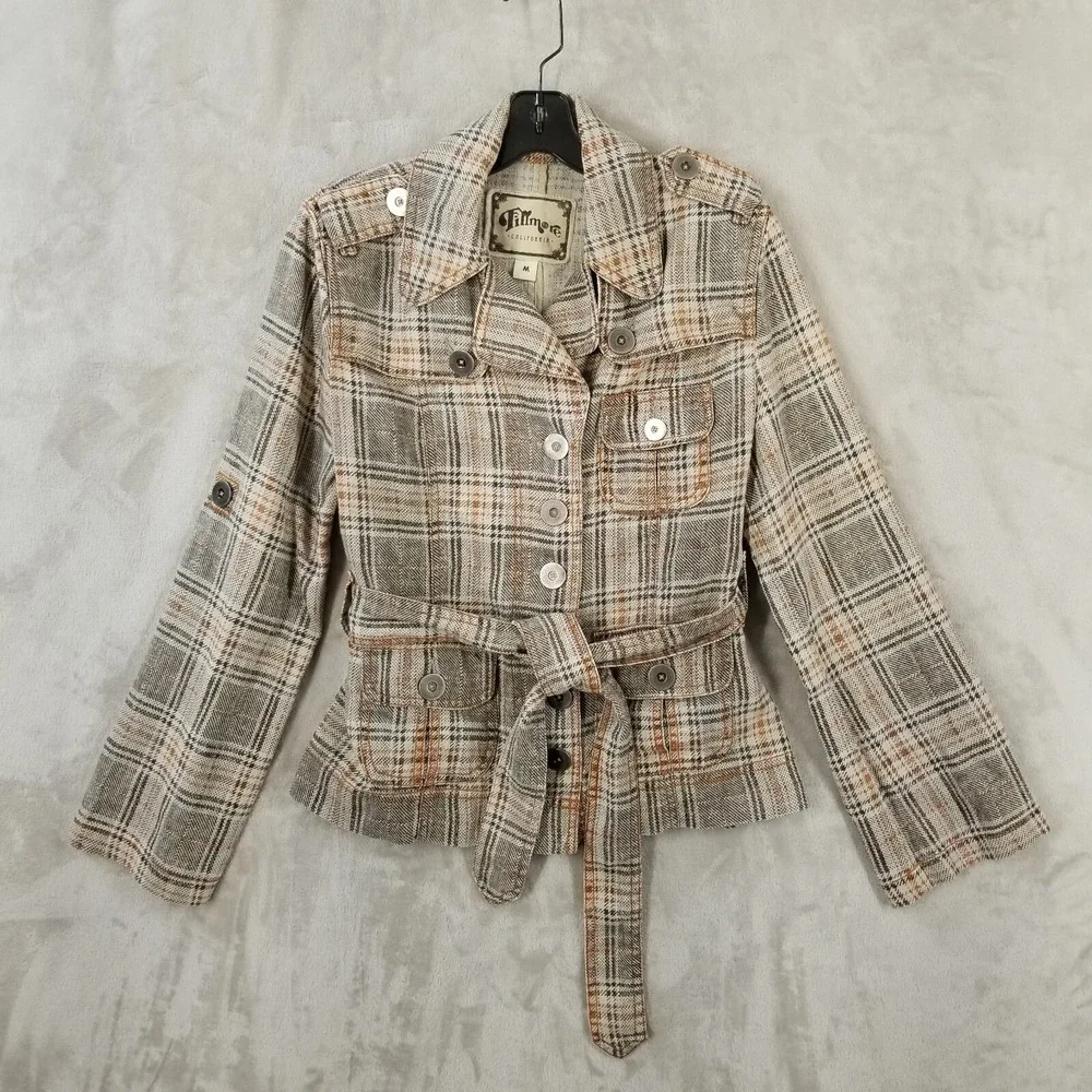 Fillmore Jacket Medium Brown Plaid 100% Linen Belted 70's Pockets Hippie‎ Retro